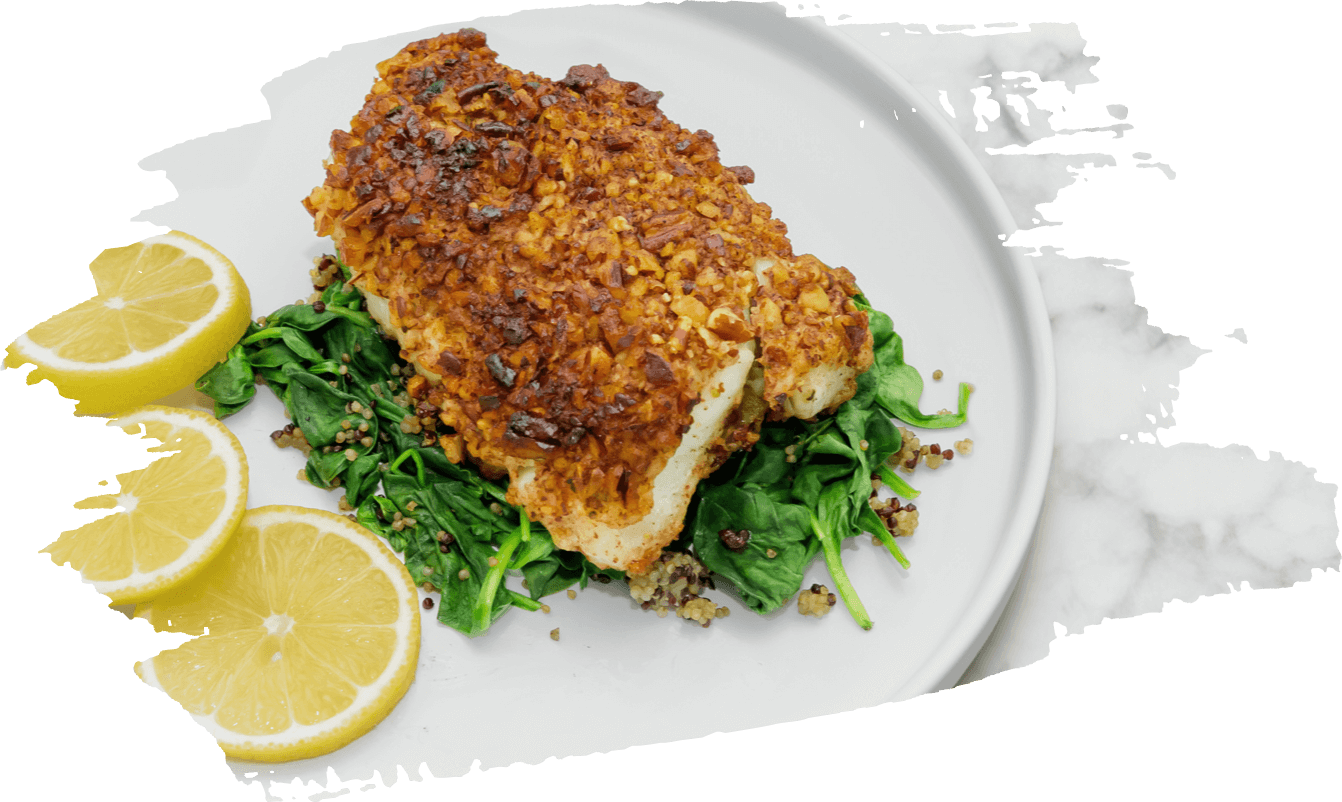 Pecan-crusted Cod with Lemony Spinach & Quinoa