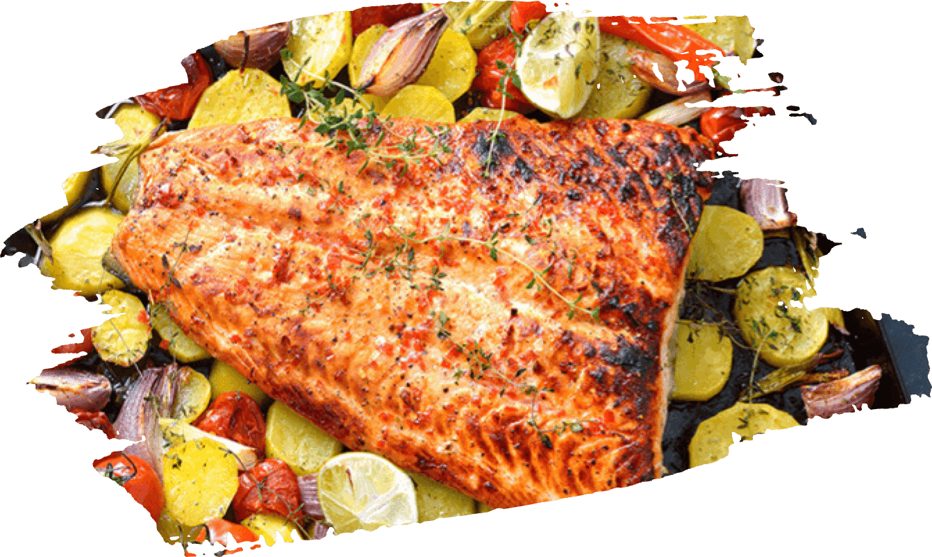 Sheet Pan Salmon with Sweet Potatoes, Summer Squash & Dill-infused Tahini Dressing
