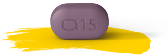 A picture of the RINVOQ pill, which is a purple tablet with “a15” imprinted on it