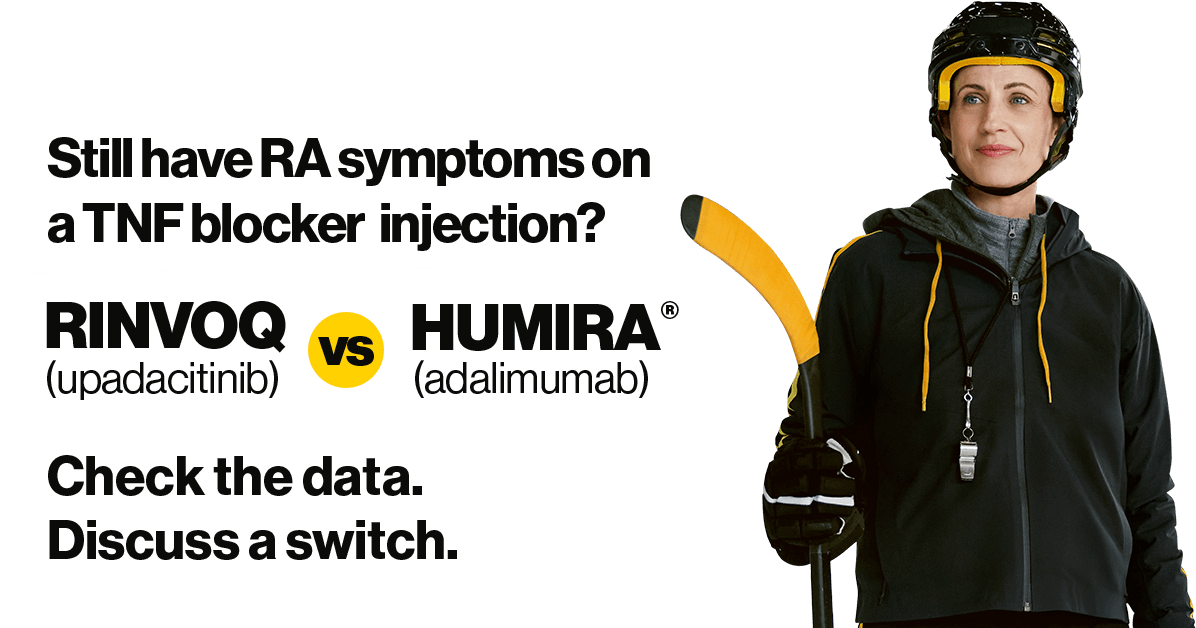 Still have RA symptoms on a TNF blocker injection? RINVOQ (upadacitinib) versus HUMIRA® (adalimumab). Check the data. Discuss a switch.