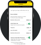 Phone screen showing a page of the RINVOQ Complete app with reminders about dosing, goal check-ins, and calling your specialty pharmacy