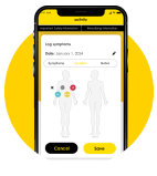 Phone screen showing a symptom-logging page of the RINVOQ complete app