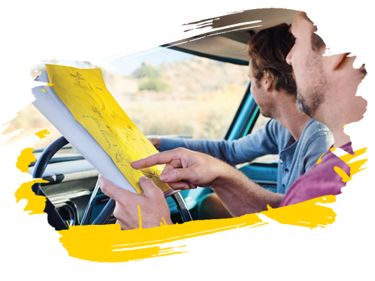 Person reading a road map during a road trip