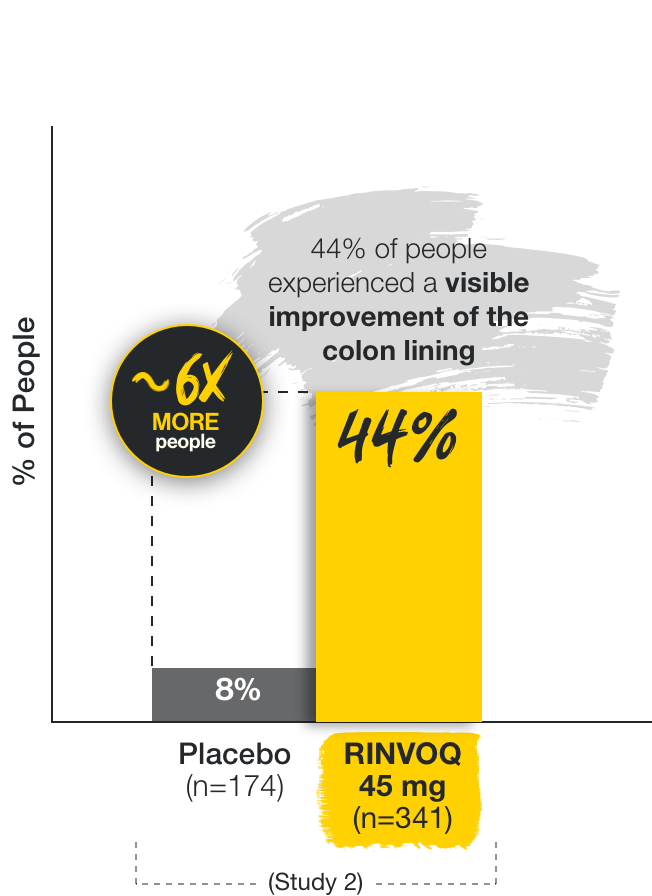 In Study 2, 44% of people taking RINVOQ 45 mg (n=341) experienced a visible improvement of the colon lining compared to 8% of people taking placebo (n=174) at Week 8